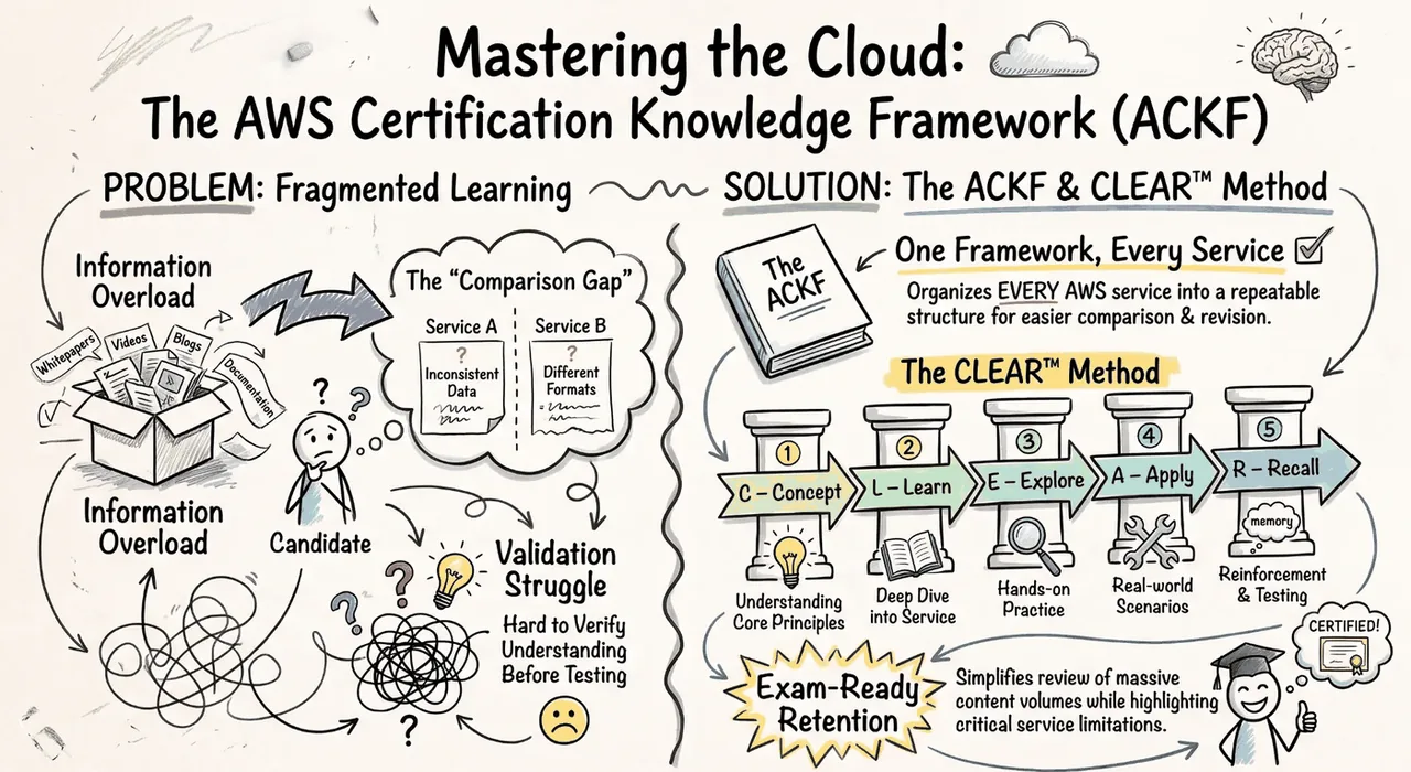 Mastering the Cloud: the AWS Certification Knowledge Framework — the problem of fragmented learning versus the ACKF and the five-step CLEAR™ method (Concept, Learn, Explore, Apply, Recall)